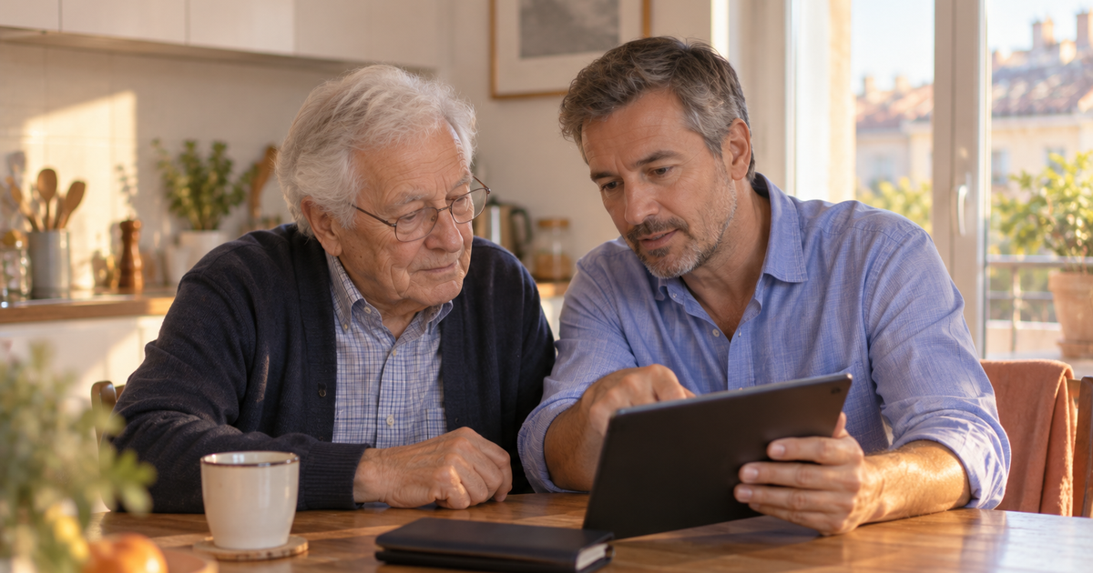 CESU déclaratif ou CESU+ : un homme âgé et son fils regardent ensemble, sur une tablette, comment le salaire sera versé