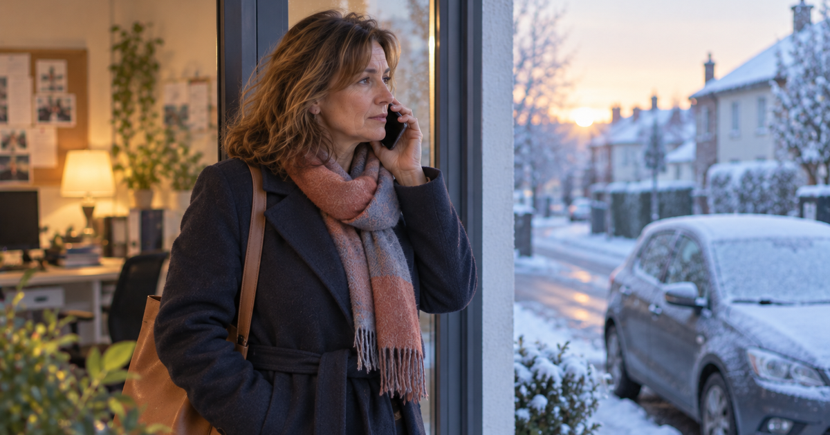 Continuité de service en hiver : une responsable de secteur organise les tournées au petit matin, devant une rue enneigée