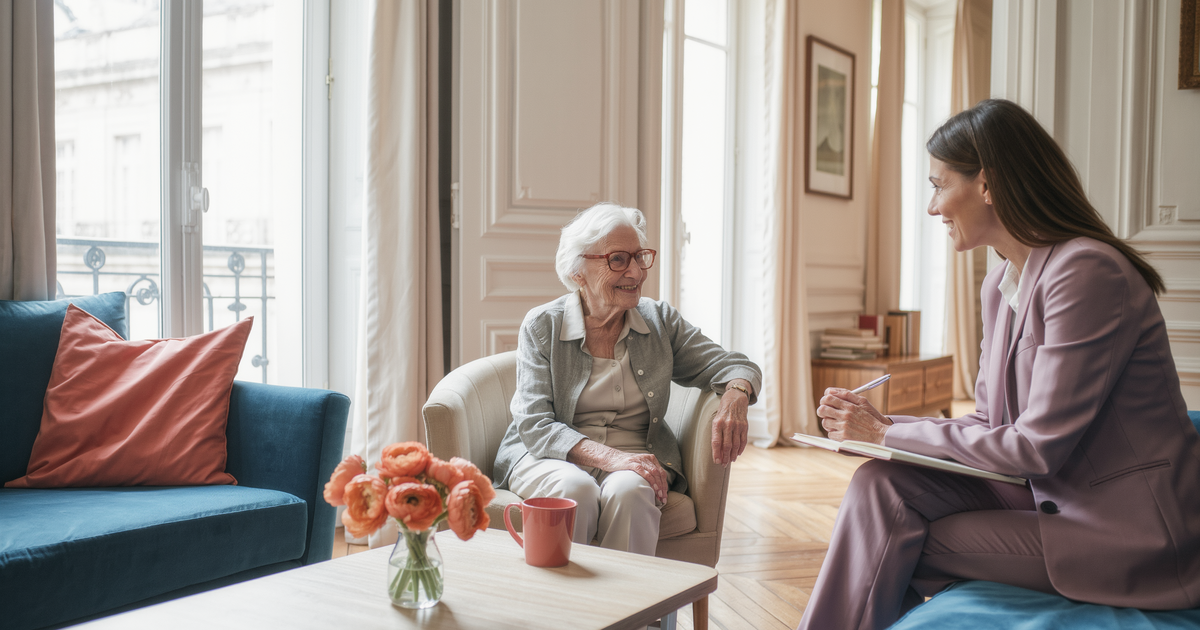 Évaluation de la qualité des ESSMS : un évaluateur écoute une personne accompagnée à son domicile