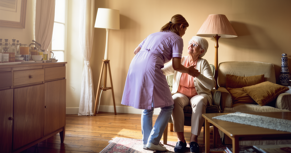 Prévention des TMS en aide à domicile : une auxiliaire de vie aide une personne âgée à se lever d'un fauteuil bas dans un salon encombré