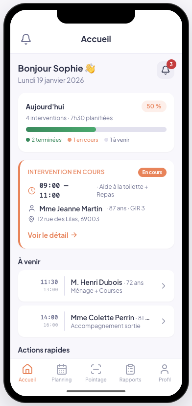 App mobile Alma — accueil intervenant, planning du jour et interventions