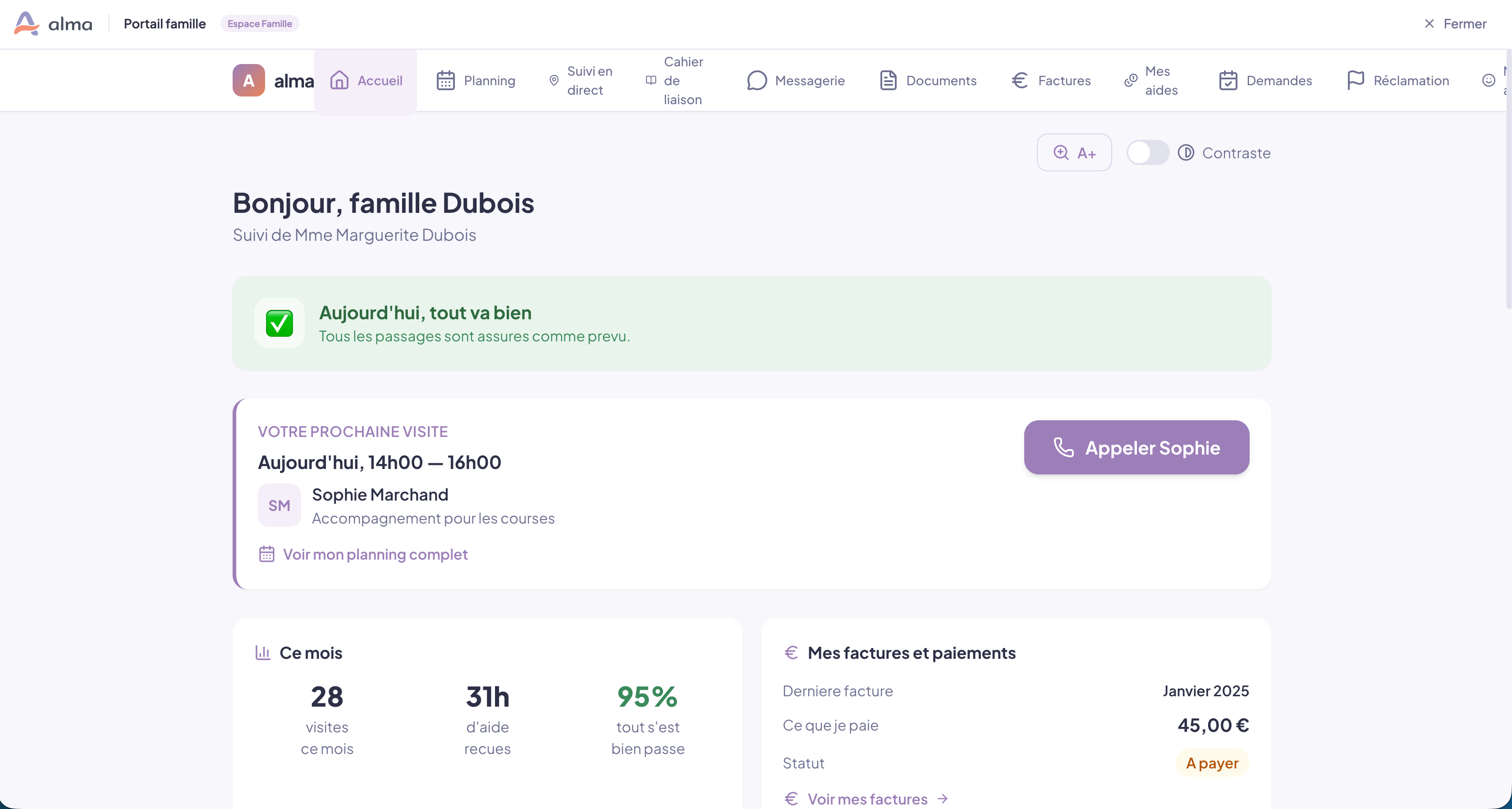Planning hebdomadaire Alma — vue semaine avec interventions par intervenant, filtres et codes couleur