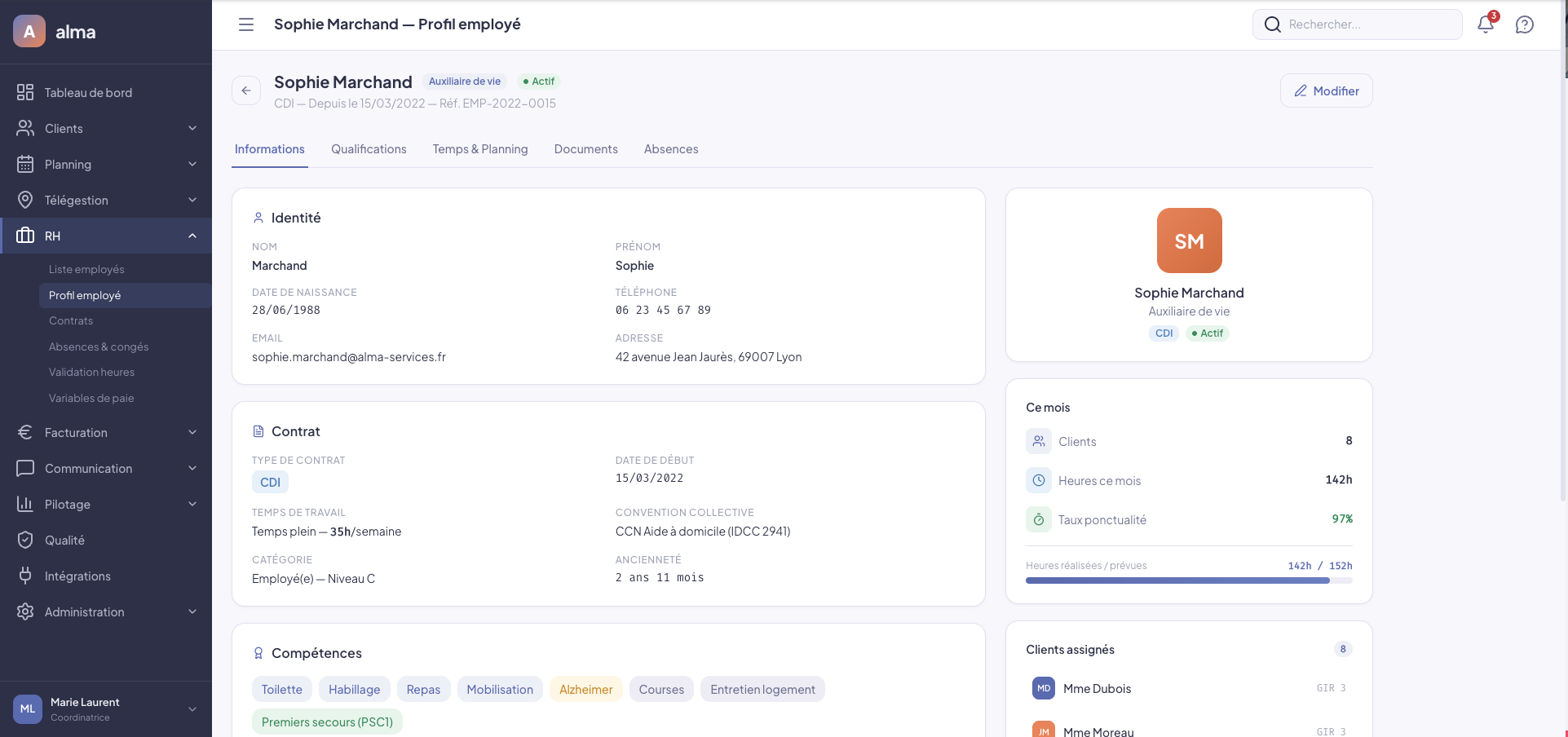 Dossier intervenant Alma — identité, contrat, compétences et clients assignés