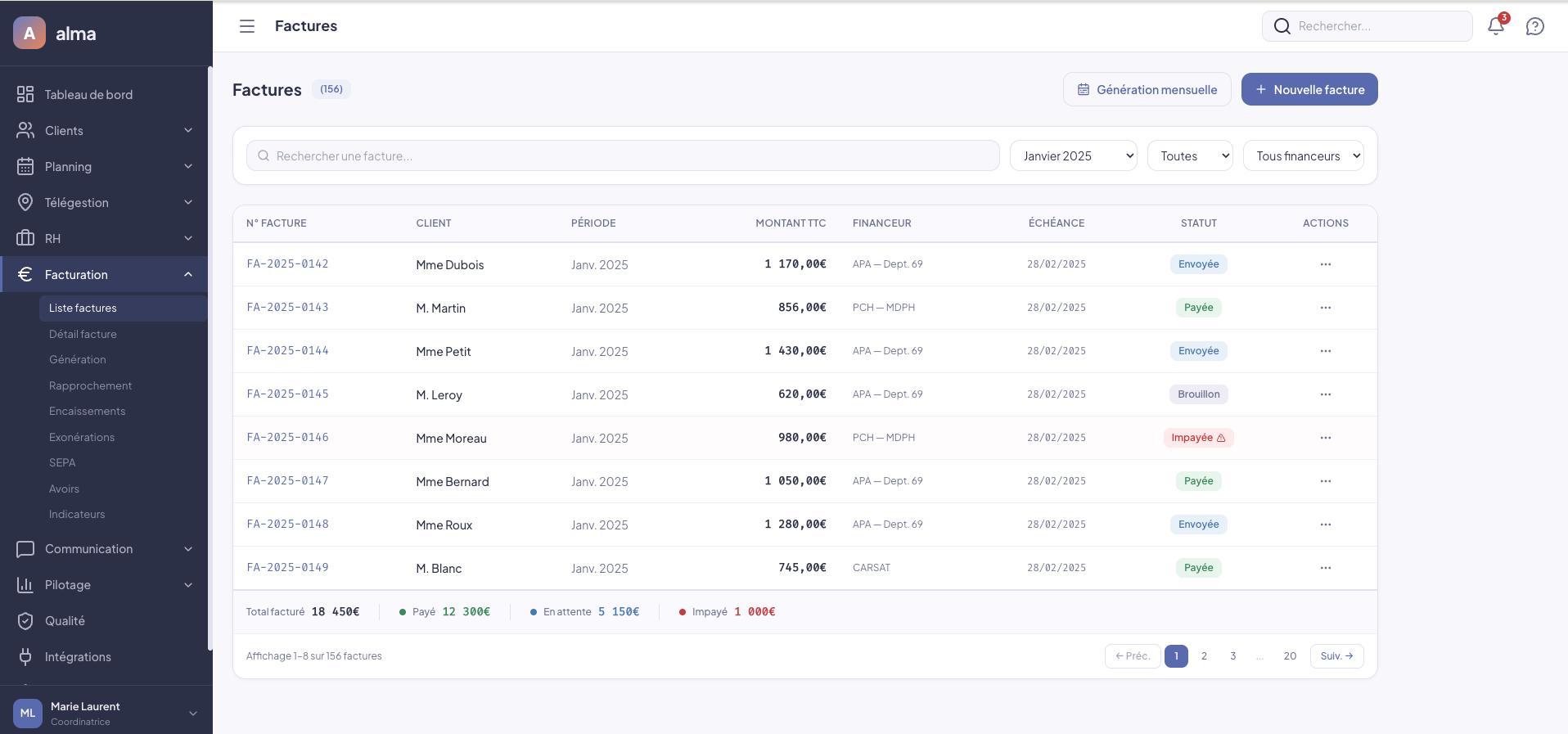 Liste des factures Alma — multi-financeurs, statuts et totaux