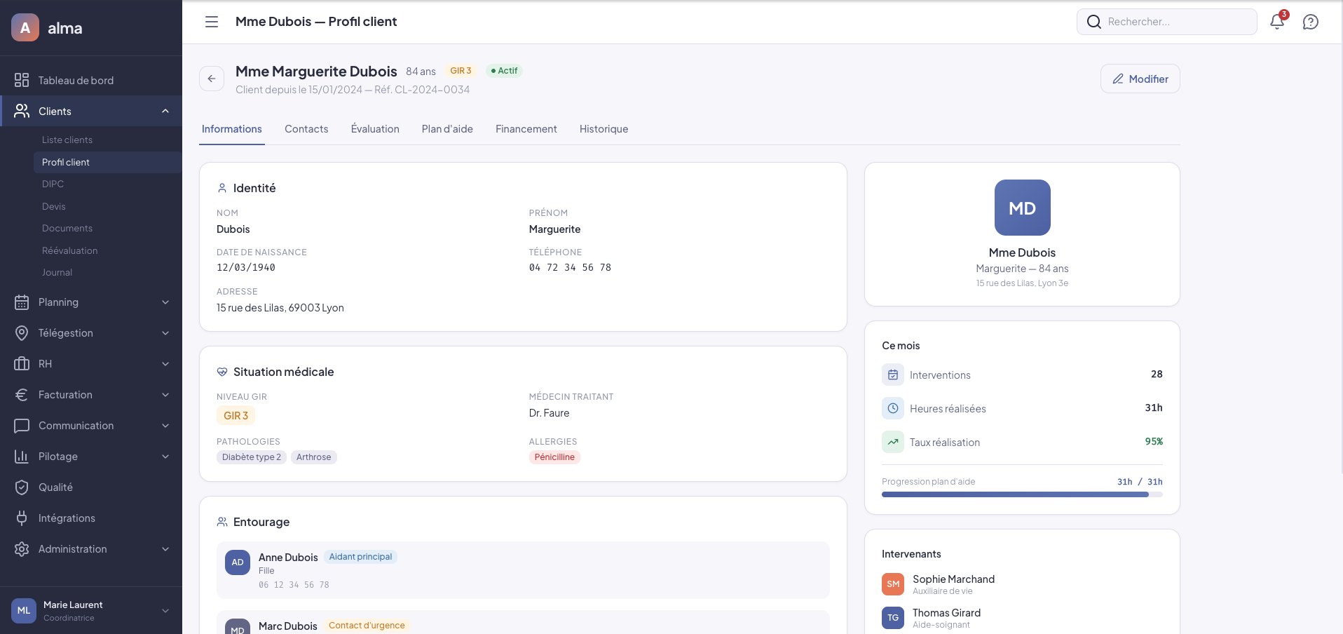 Fiche client Alma — identité, situation médicale, entourage et suivi