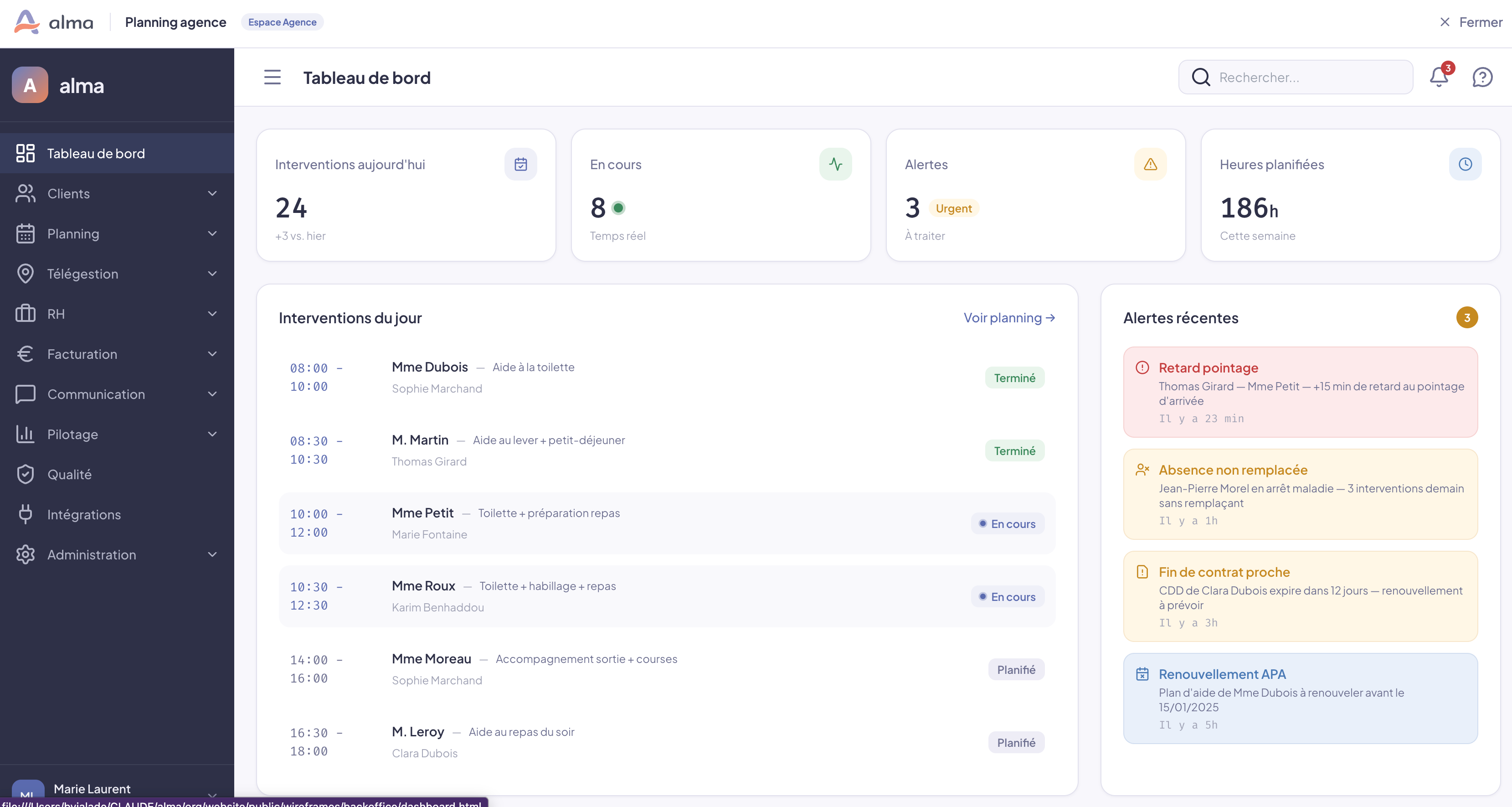 Application mobile Alma — planning journalier de l'intervenant avec horaires, clients et statuts