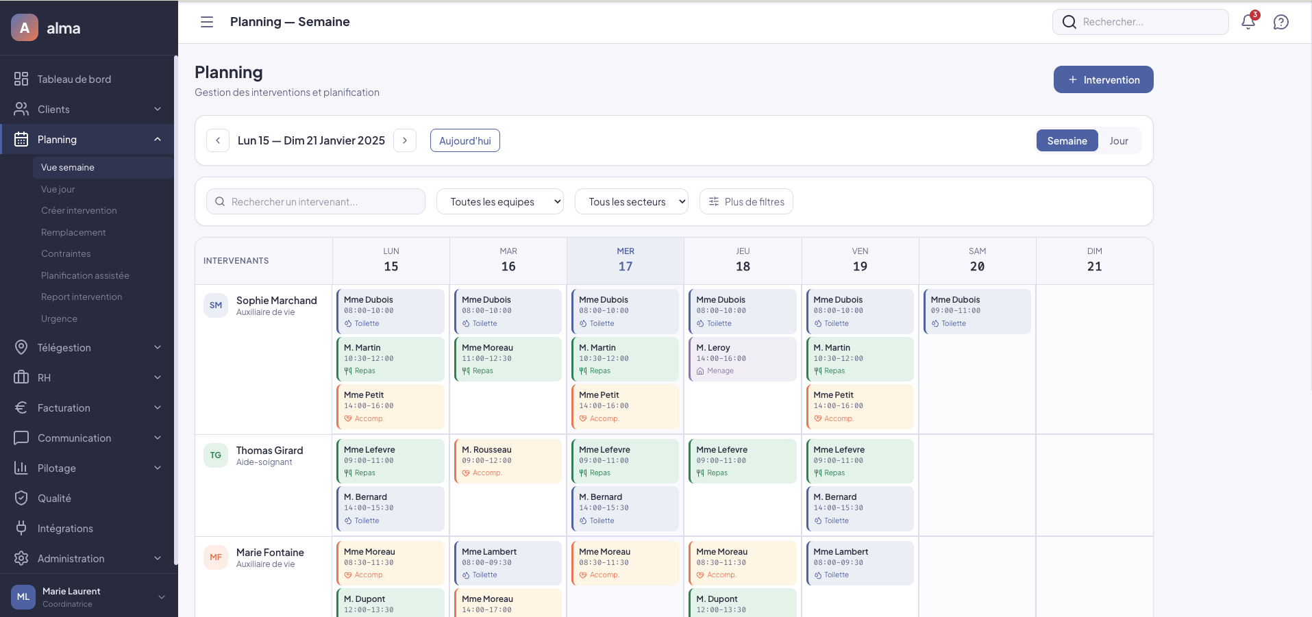 Planning semaine Alma — vue des interventions par intervenant