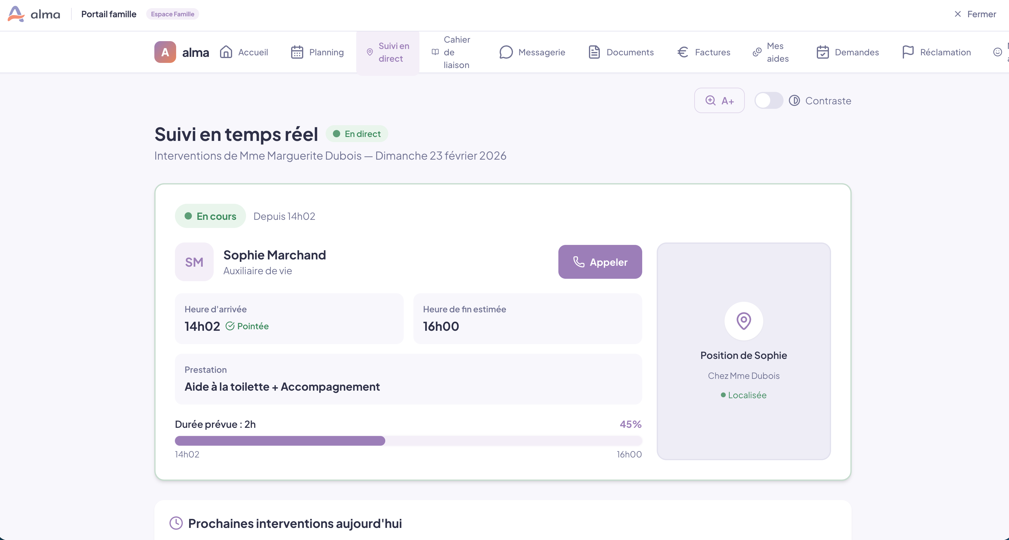 Portail famille Alma — accueil personnalisé avec prochaine visite, statistiques et factures