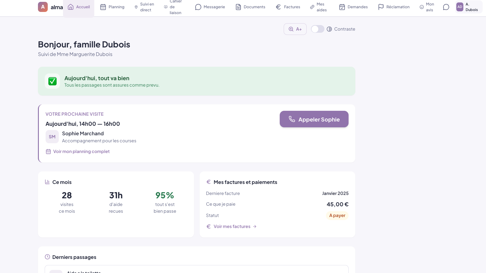 Portail famille Alma — suivi des passages, factures et prochaine visite