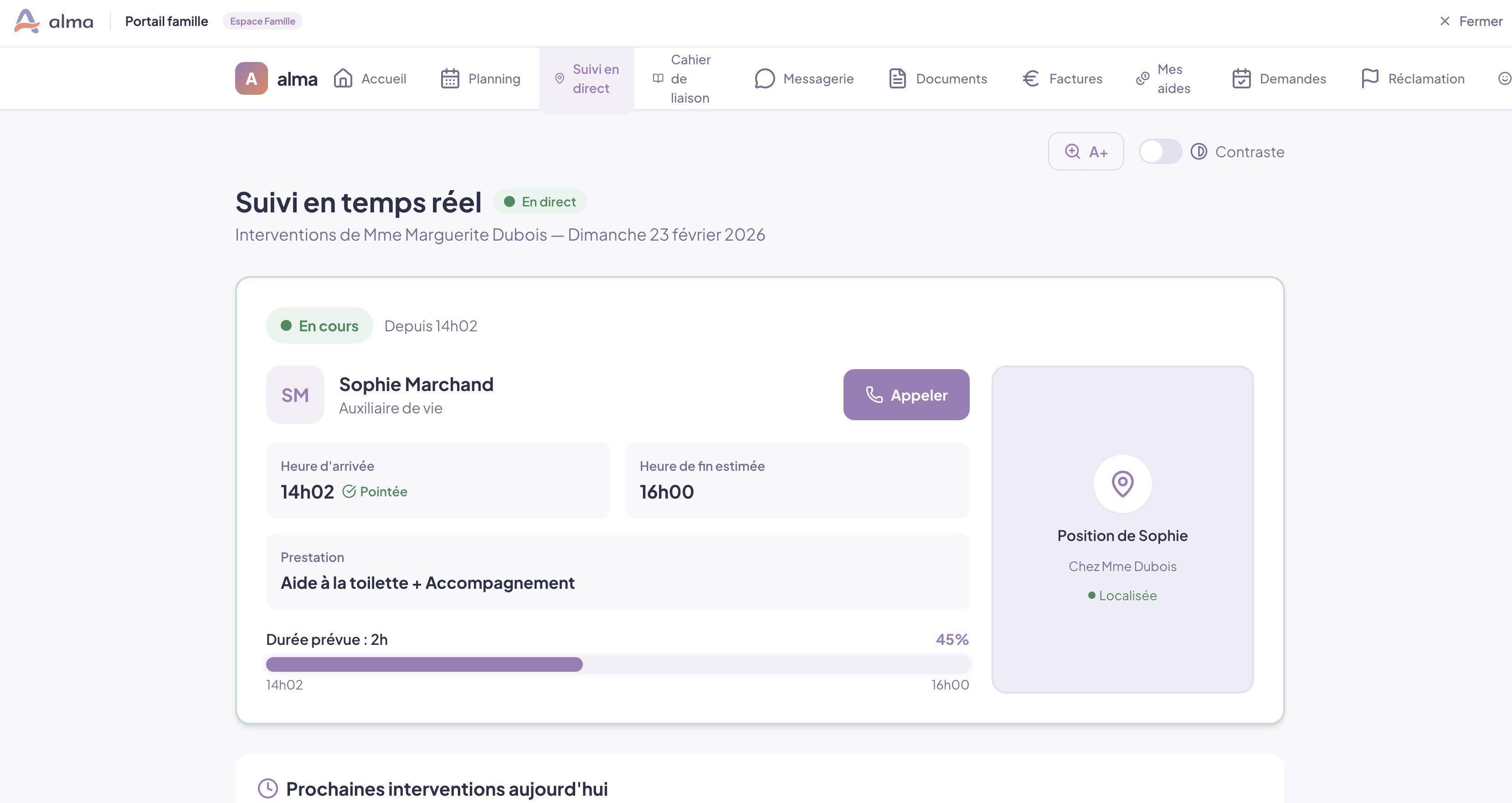 Portail famille Alma — suivi en temps réel de l'intervention en cours avec localisation de l'intervenante