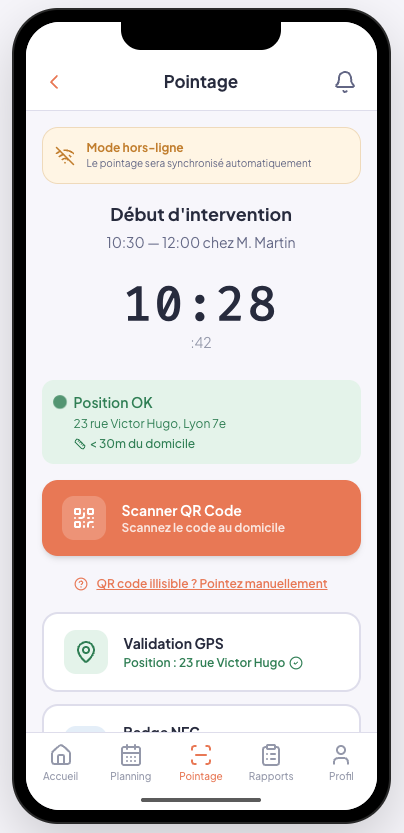 Pointage intervenant Alma — QR code, GPS et mode hors-ligne