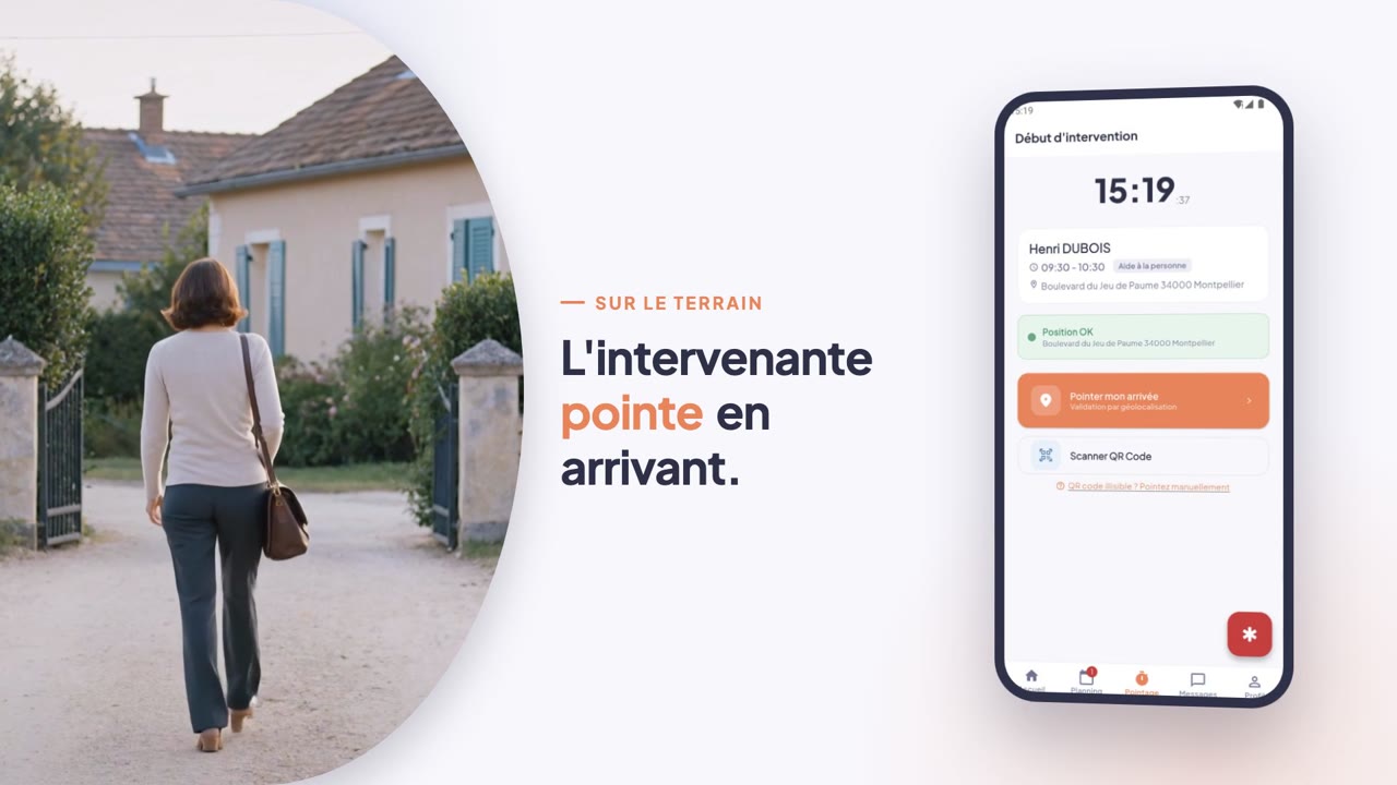 Alma en une minute : l'intervenante pointe en arrivant, l'écran de pointage de l'application