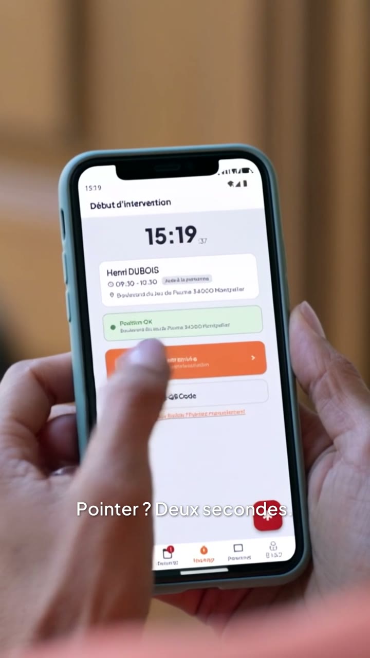 App mobile Alma Pro — pointage d'arrivée en deux gestes